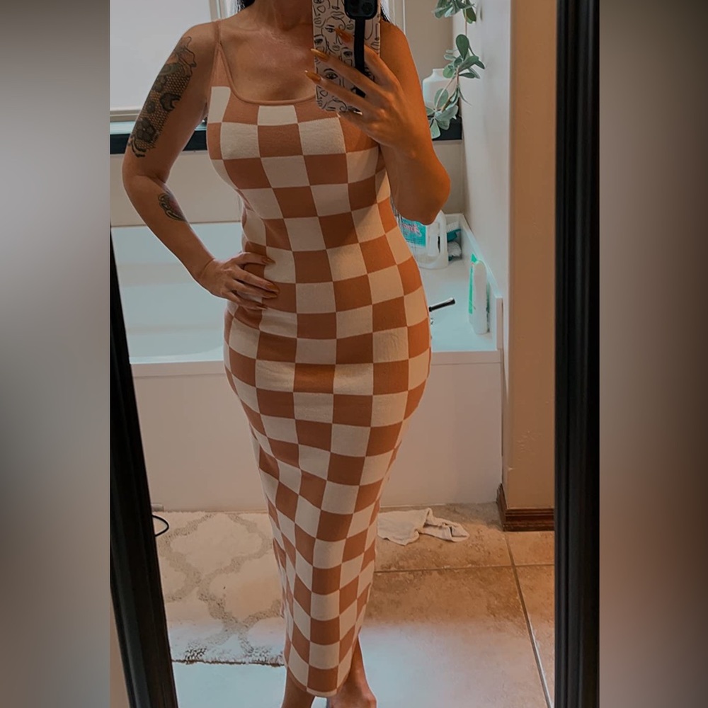 Checkered Tan and White Maxi Dress